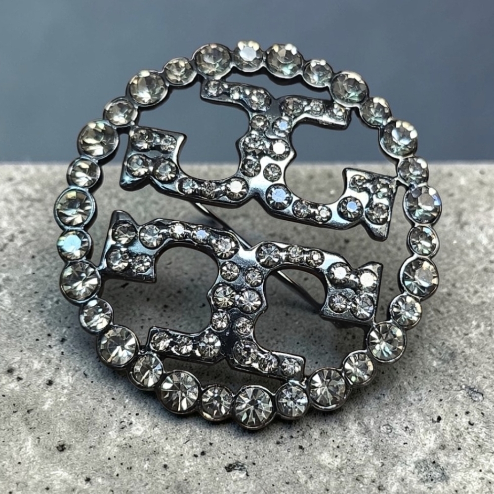 Tory Burch Silver Crystal Double-T Round Brooch